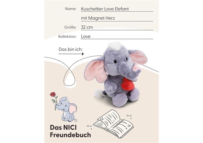 Nici Kuscheltier Love Elefant m.Magnet Herz d.gra32 cm