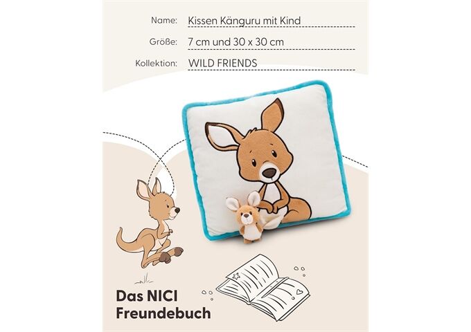 Nici Kissen Känguru mit 3D Kind 30x30cm
